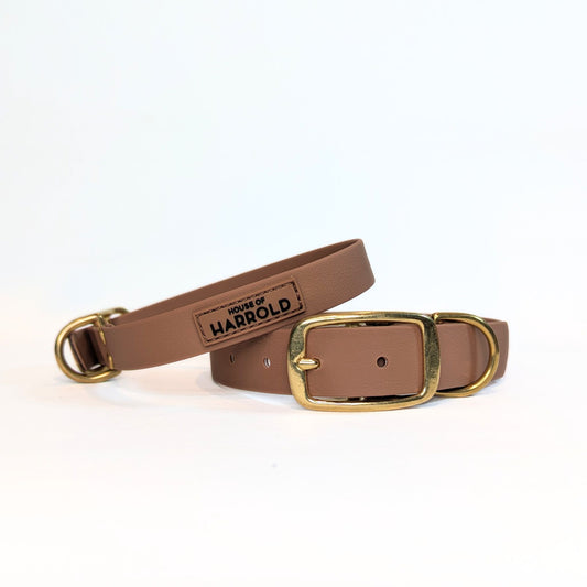 BayBond Collar Waterproof - Brown with brass hardware, textured vegan PVC, gallery position 1, durable and weatherproof design