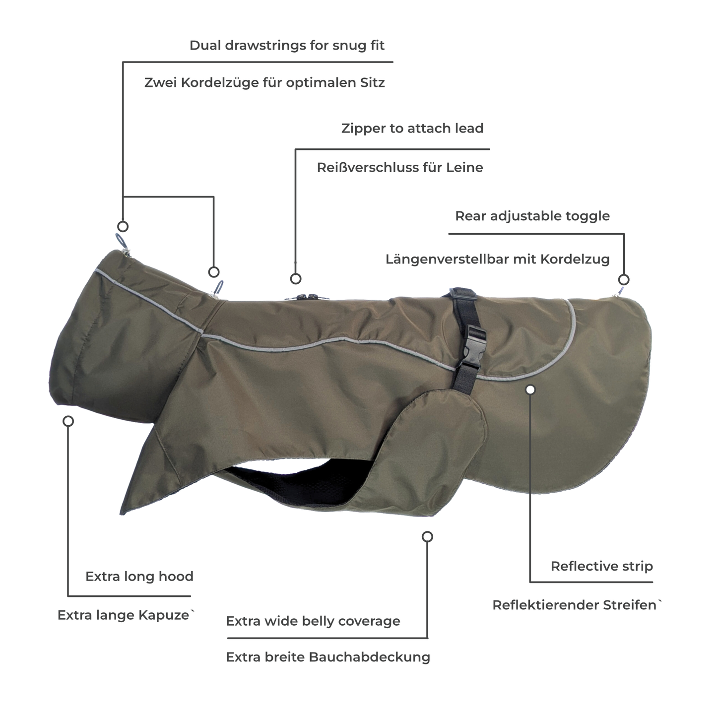 CapeLite Raincoat - Khaki with adjustable toggles, reflective strip, waterproof fabric, and leash attachment by House of Harrold