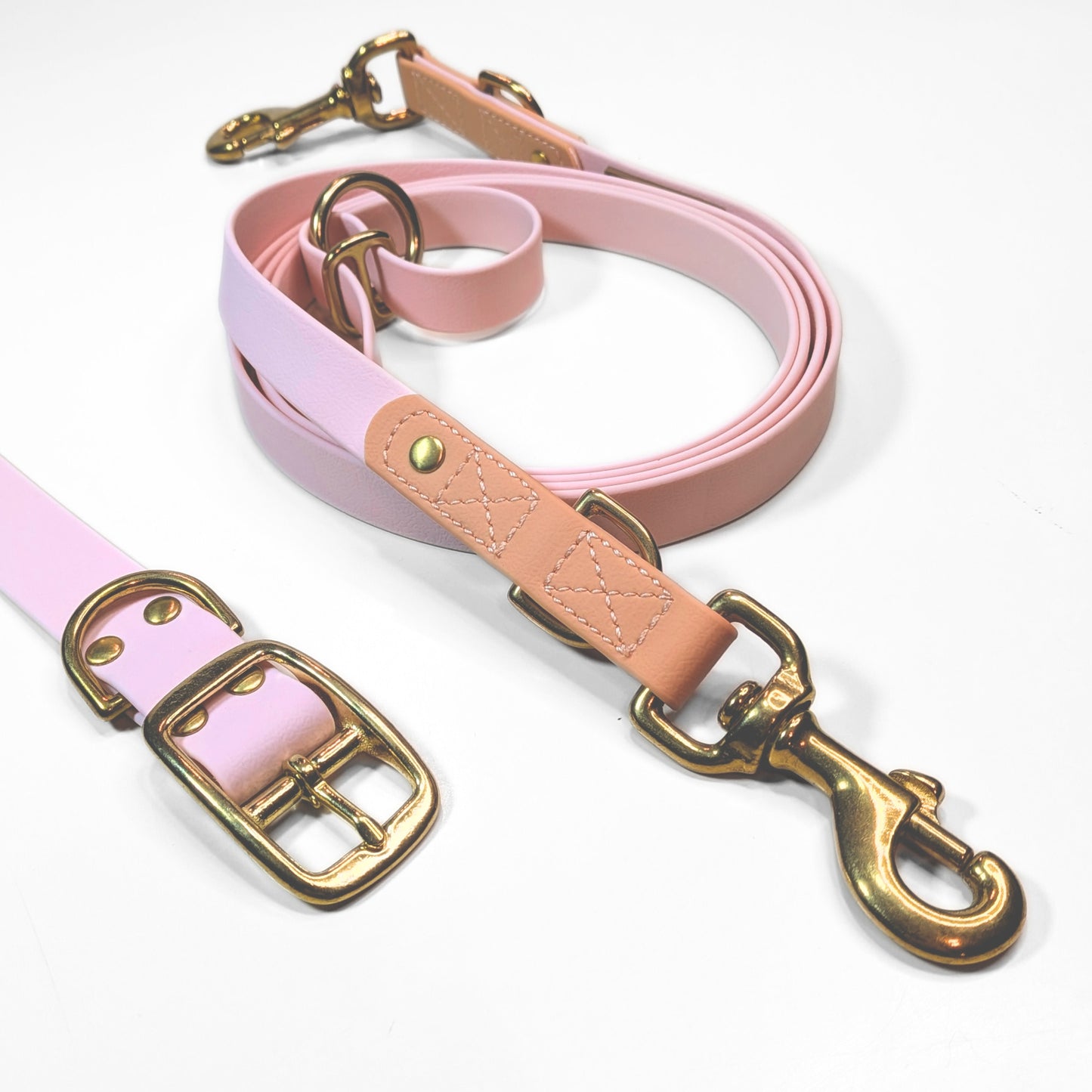 Premium Walk Set | Dog Harness, Leash & Collar - Soft pink leash and collar with gold hardware and tan leather accents on white background