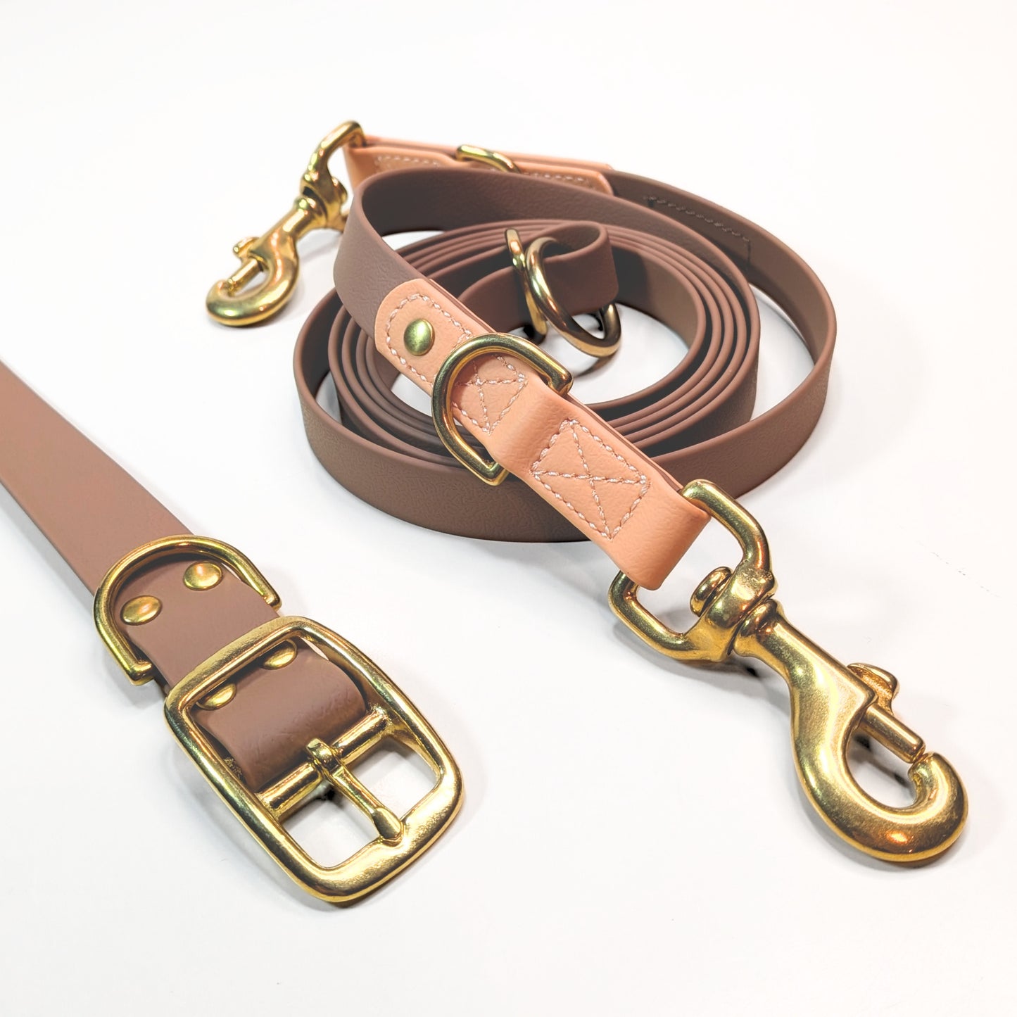 Premium Walk Set | Dog Harness, Leash & Collar - Brown with gold-tone metal clasps and adjustable leather straps on white background