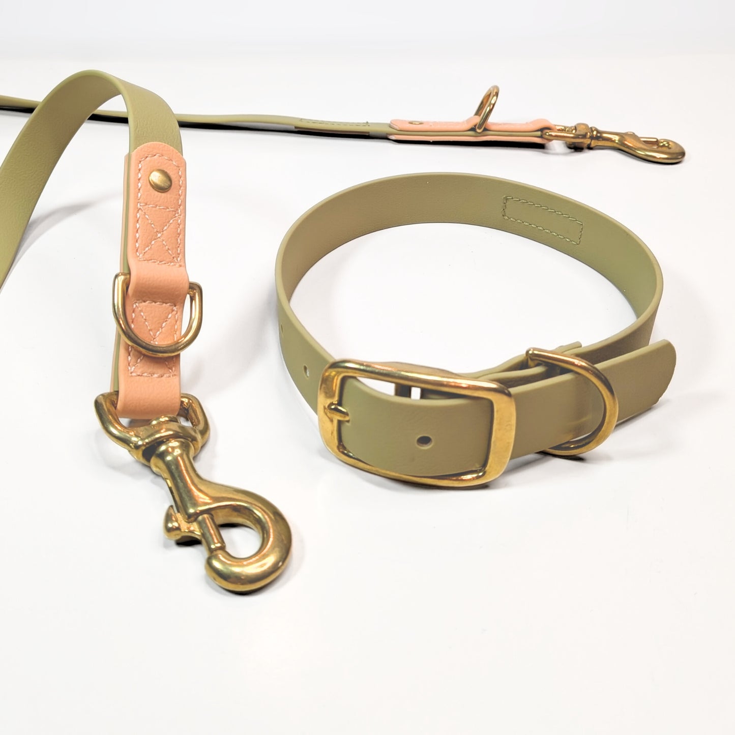 Premium Walk Set | Dog Harness, Leash & Collar - Green with gold hardware and tan leather detailing on white background