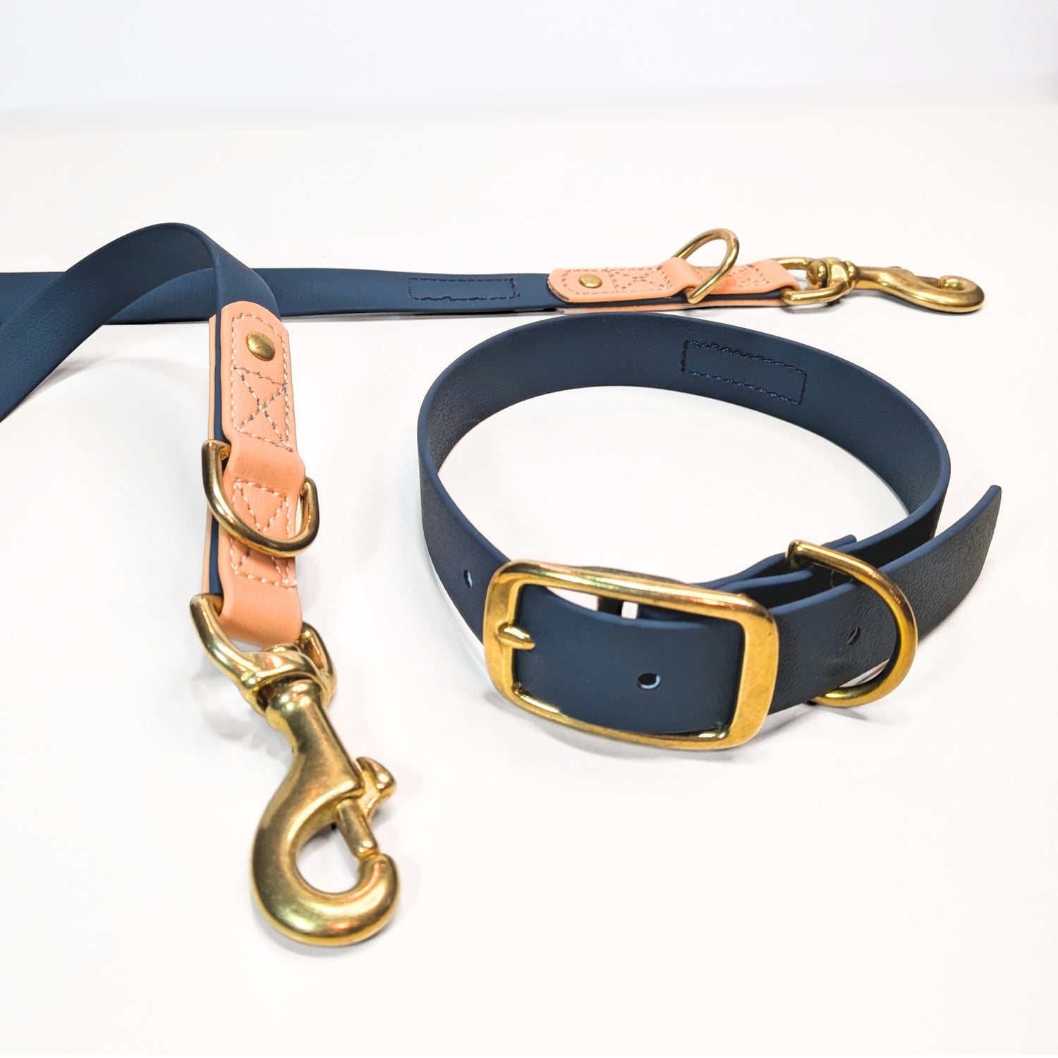 Premium Walk Set | Dog Harness, Leash & Collar - Blue with tan leather trim and brass hardware on white background