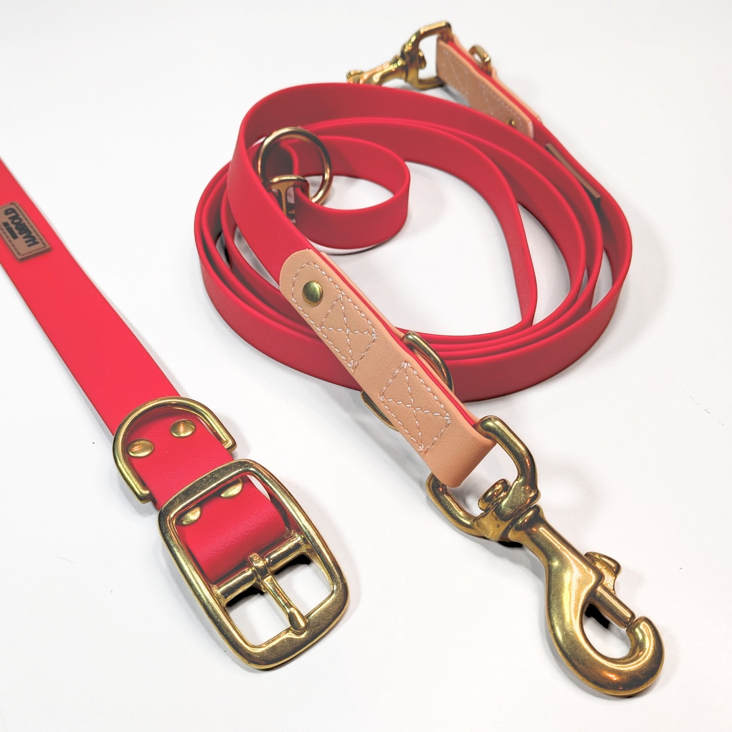 Premium Walk Set | Dog Harness, Leash & Collar - Red dog harness set with gold hardware and tan leather accents on white background