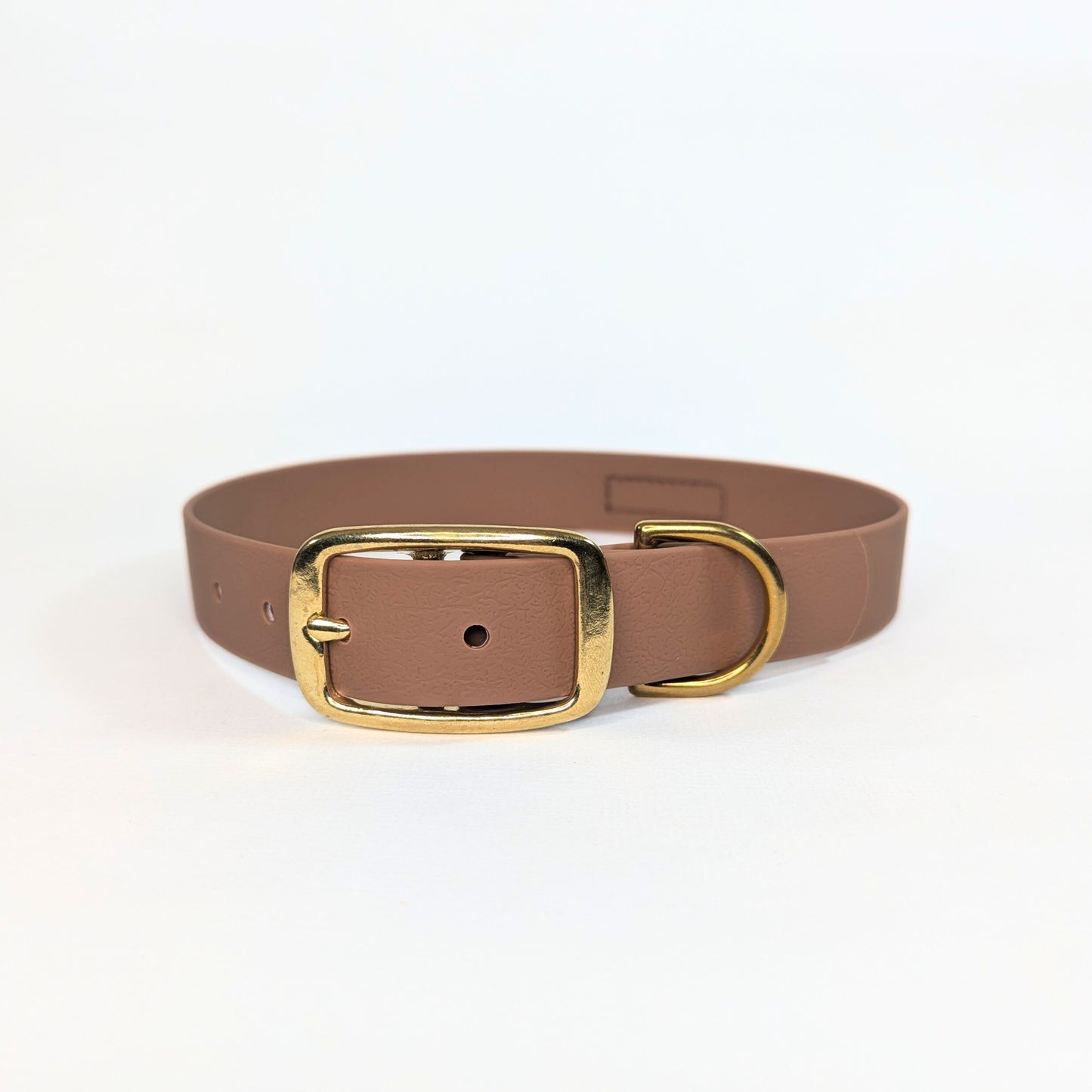 Brown 100% vegan dog collar with a brass buckle on a white background