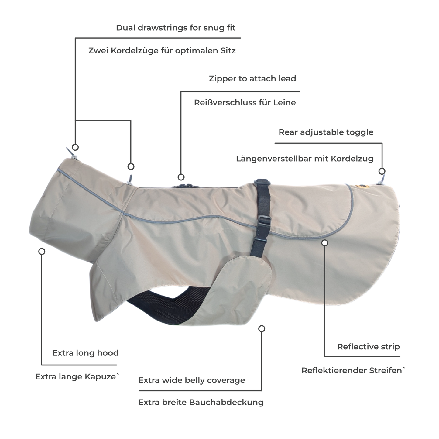 CapeLite Raincoat - Beige with brass hardware, high quality material, dual drawstrings, adjustable toggles, reflective strip by House of Harrold