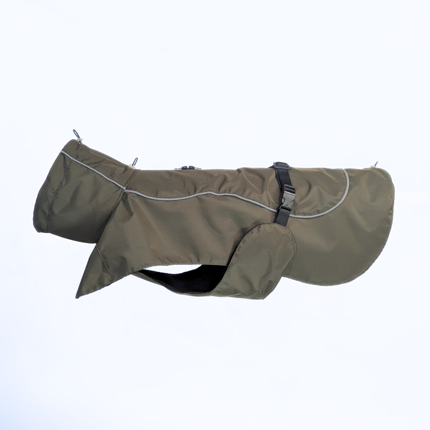 CapeLite Raincoat - Khaki with waterproof material, secure buckle, reflective trim, crafted by House of Harrold for dogs