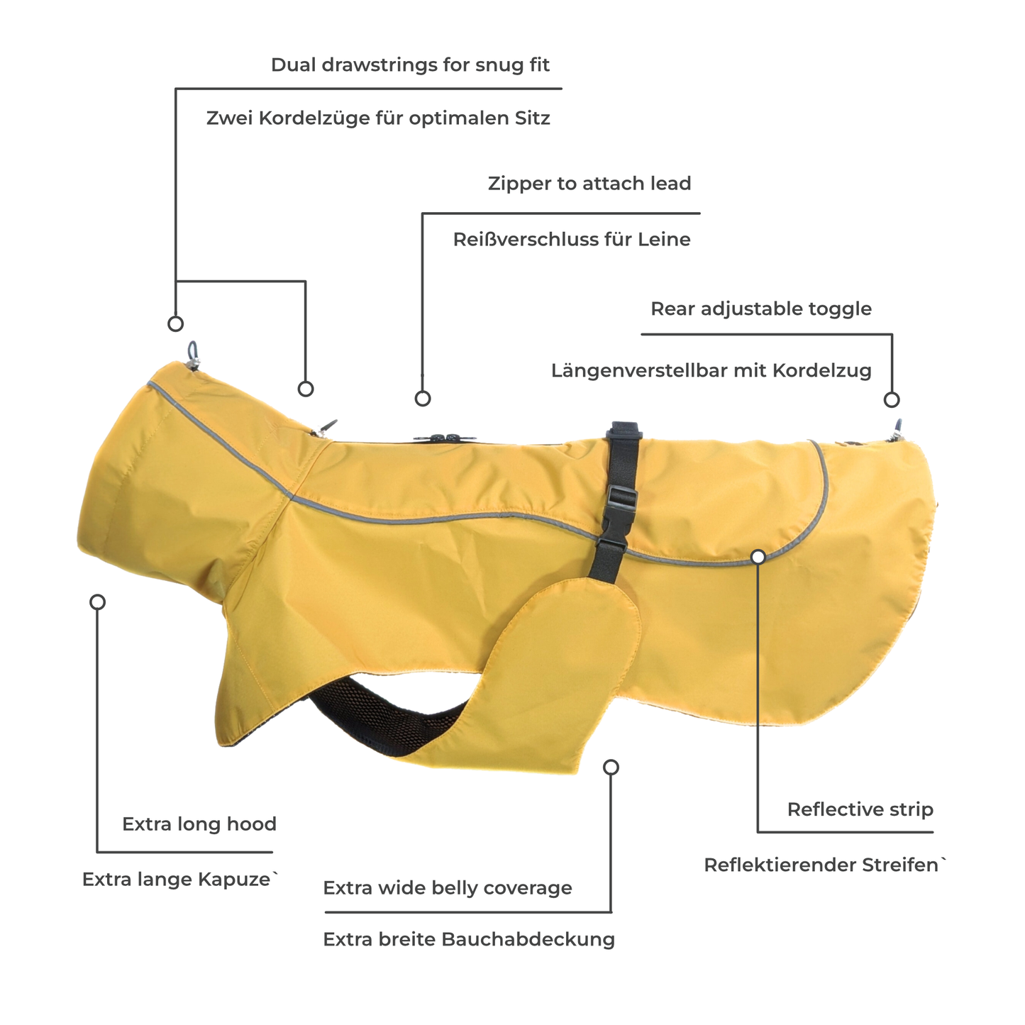 CapeLite Raincoat - Yellow with dual drawstrings, extra hood, reflective strip, waterproof fabric by House of Harrold for spirited dogs