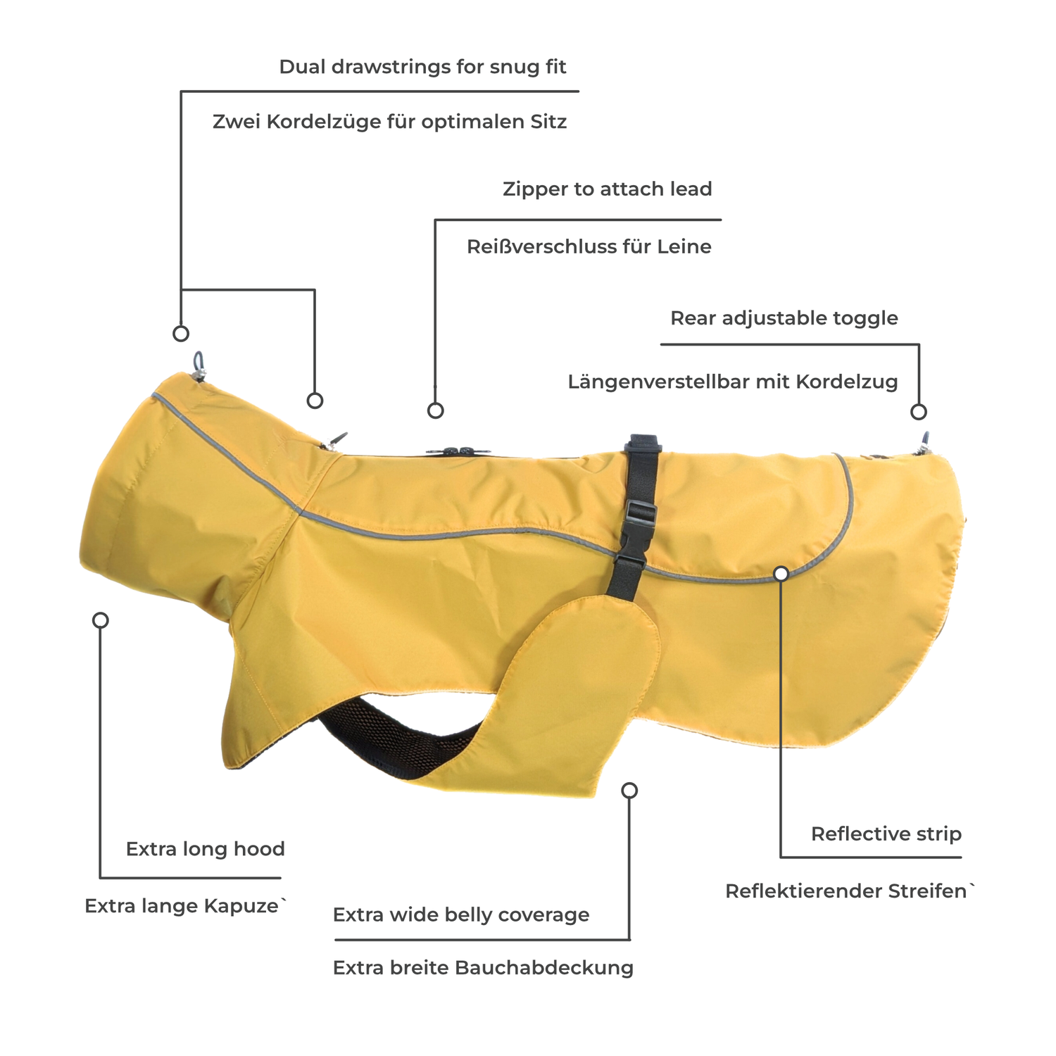 CapeLite Raincoat - Yellow with dual drawstrings, extra hood, reflective strip, waterproof fabric by House of Harrold for spirited dogs