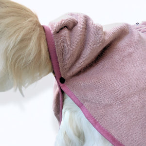 Small dog wearing CloudSoft Bamboo Dry Robe - Rose with soft textured fabric and pink trim on white background