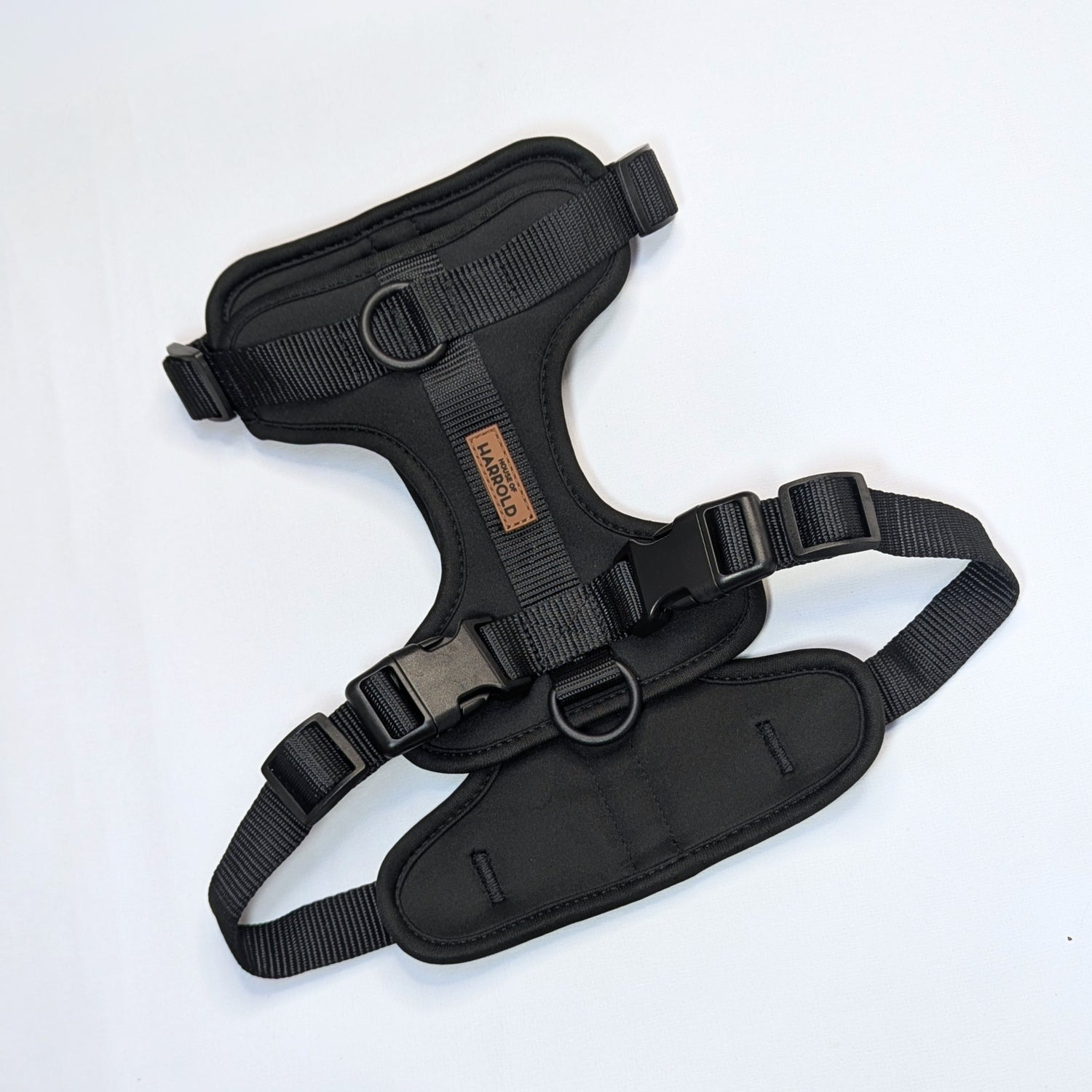 ComfortFit No-Pull Harness - Black with neoprene, brass hardware, and anti-pull design by House of Harrold for easy dog control