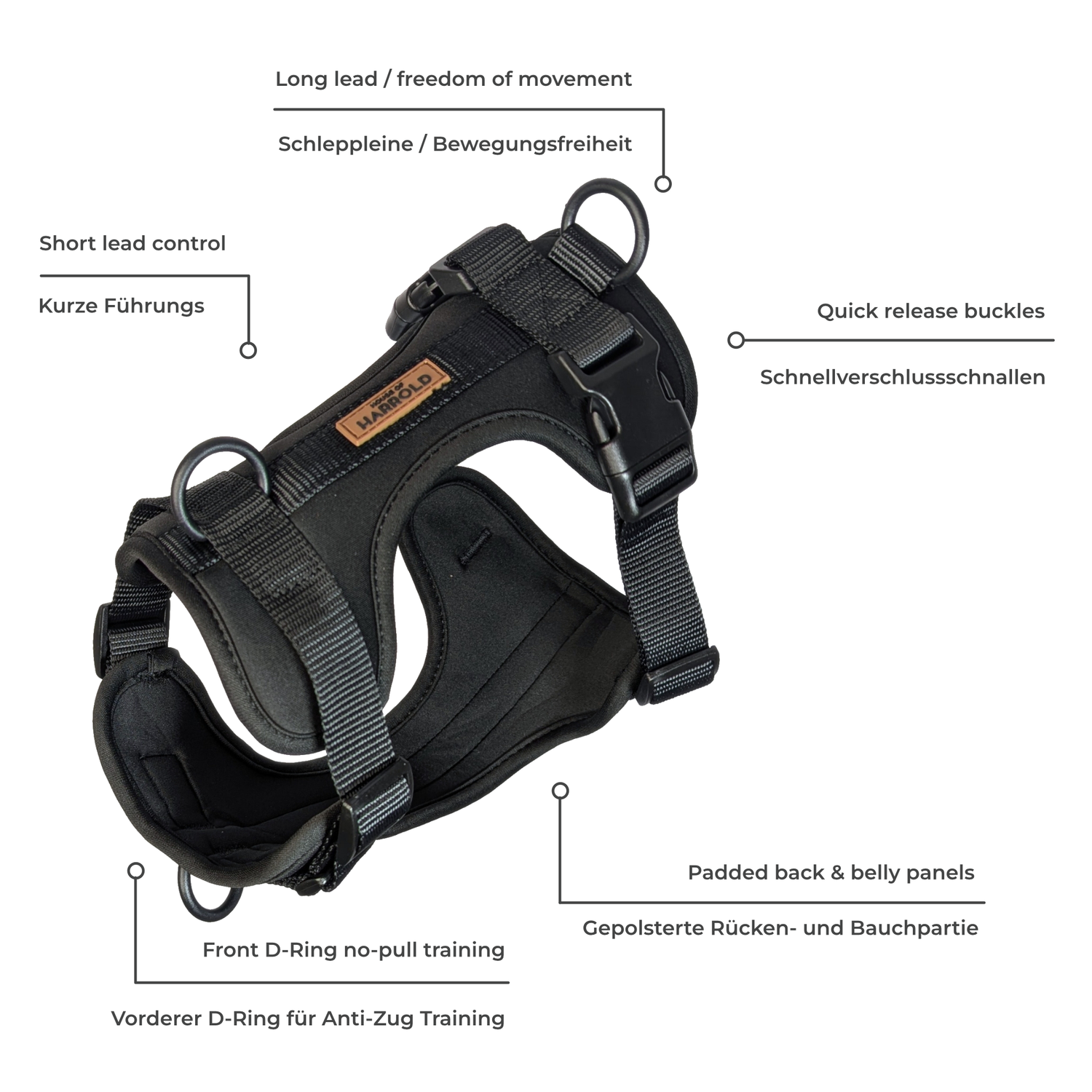 ComfortFit No-Pull Harness - Black with padded neoprene, quick release buckles, brass hardware, and anti-pull design by House of Harrold