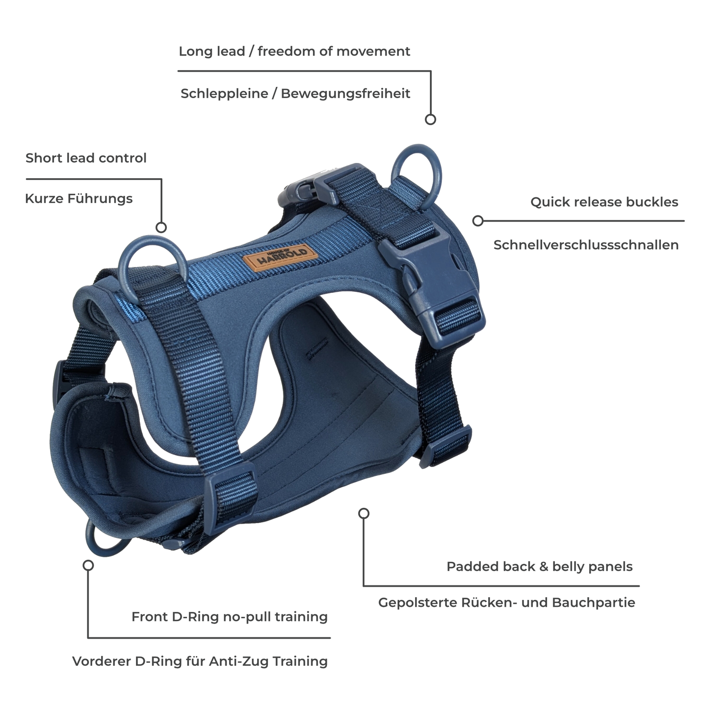 ComfortFit No-Pull Harness - Blue with neoprene, brass hardware, quick release buckle, padded panels by House of Harrold