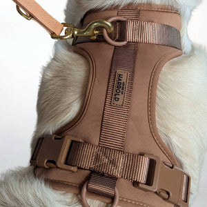 ComfortFit No-Pull Harness - Brown with neoprene fabric, brass hardware, anti-pull tech by House of Harrold for lasting dog control