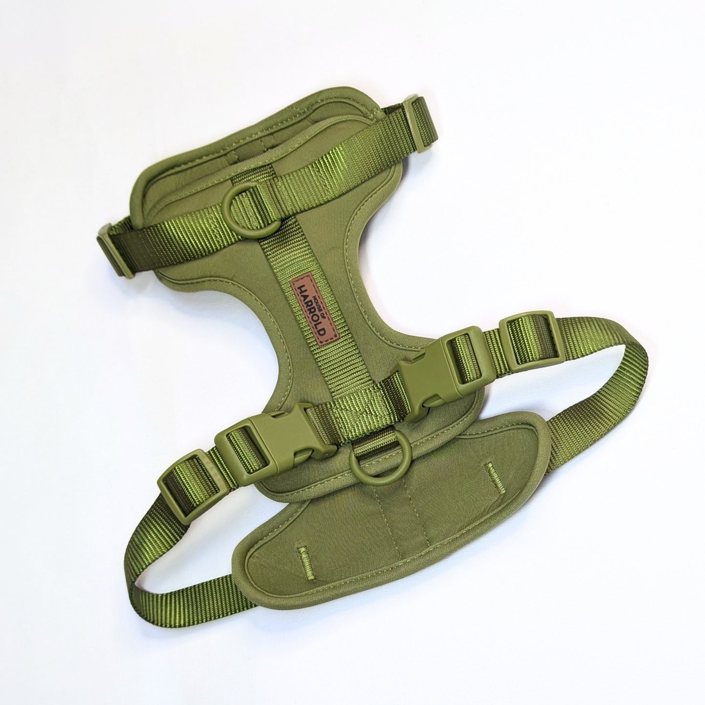 ComfortFit No-Pull Harness - Green with neoprene fabric, brass hardware, and anti-pull design by House of Harrold for lasting dog control