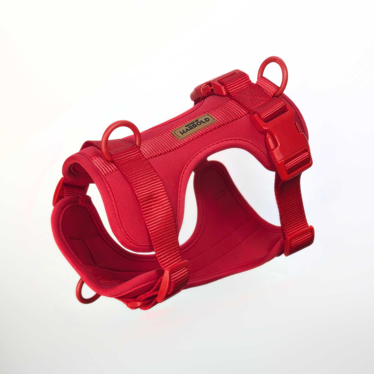 ComfortFit No-Pull Harness - Red with recyclable neoprene, plastic hardware, brass D-ring by House of Harrold for effortless walks and dog control