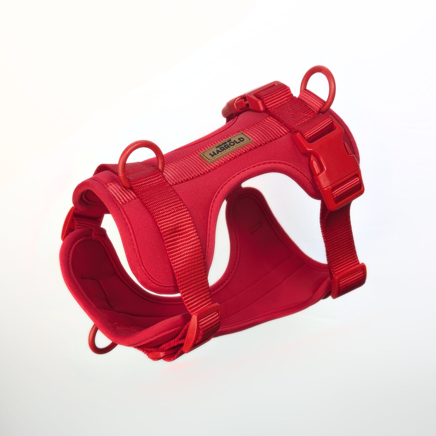 ComfortFit No-Pull Harness - Red with recyclable neoprene, plastic hardware, brass D-ring by House of Harrold for effortless walks and dog control