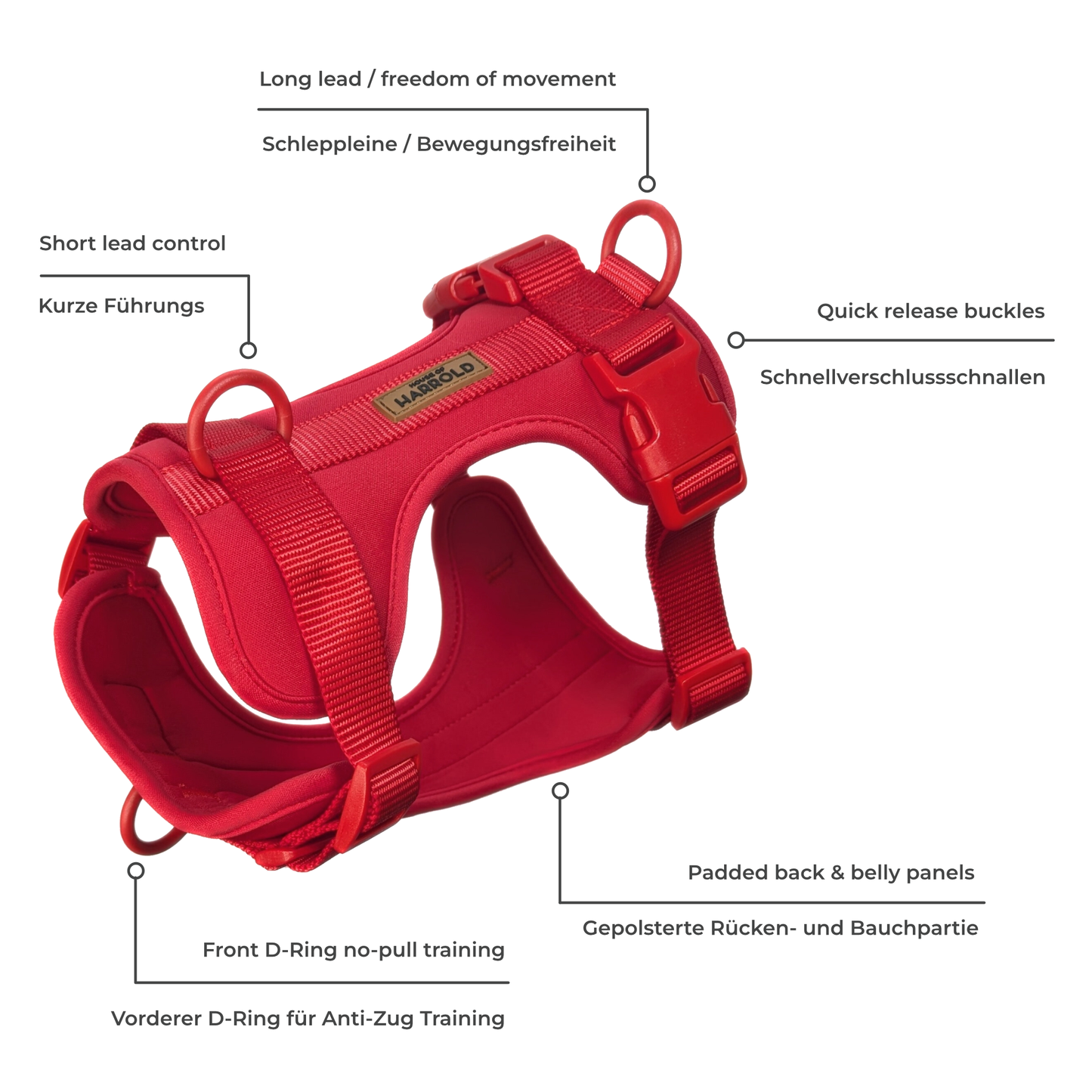 ComfortFit No-Pull Harness - Red with padded neoprene, quick release buckles, coated D-rings by House of Harrold for smooth dog control