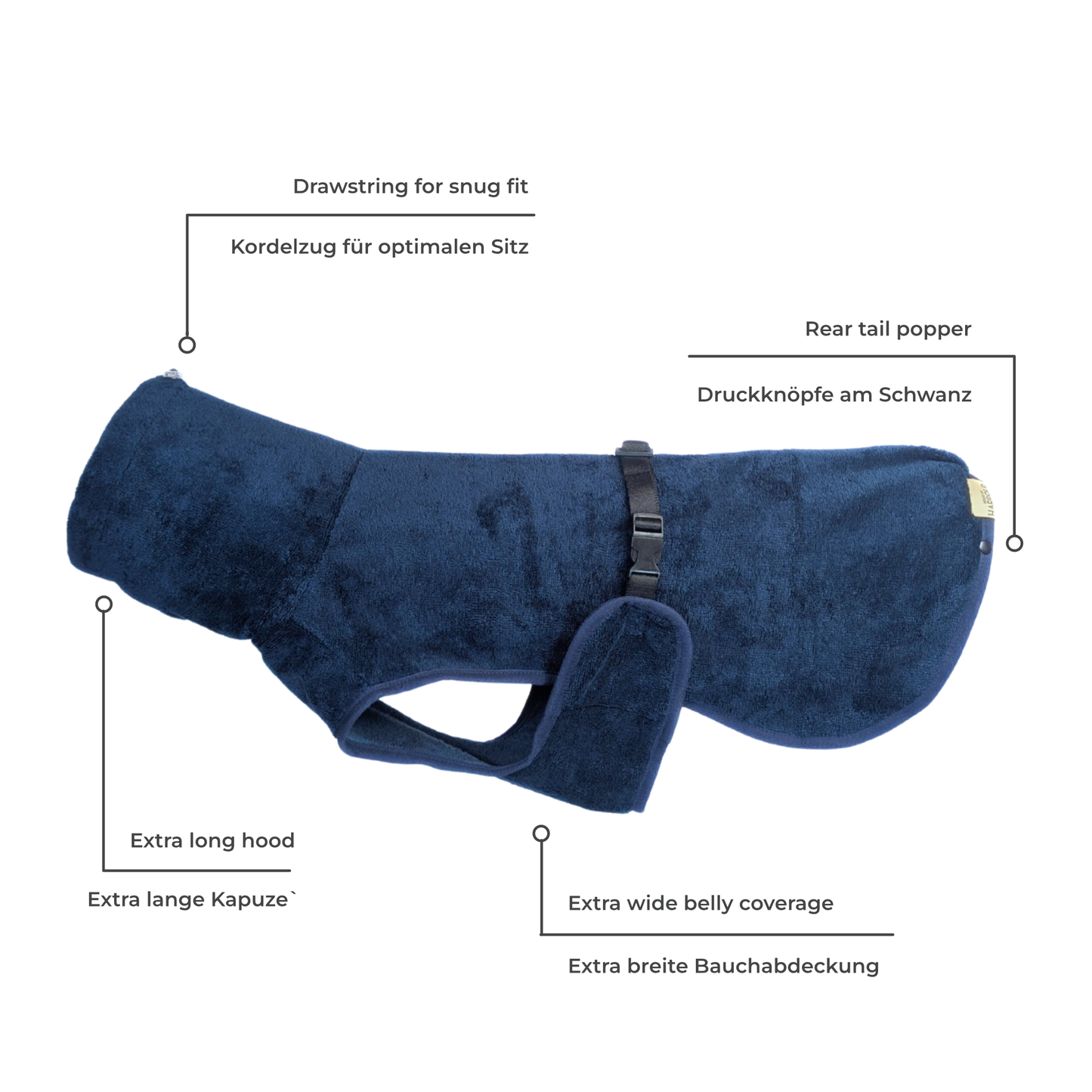 CloudSoft Bamboo Dry Robe - Navy Blue with snug drawstring, extra long hood, wide belly coverage, and rear tail popper by House of Harrold