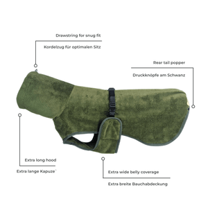 CloudSoft Bamboo Dry Robe - Olive Green with high quality material, brass hardware, extra coverage, and anti-pull technology by House of Harrold