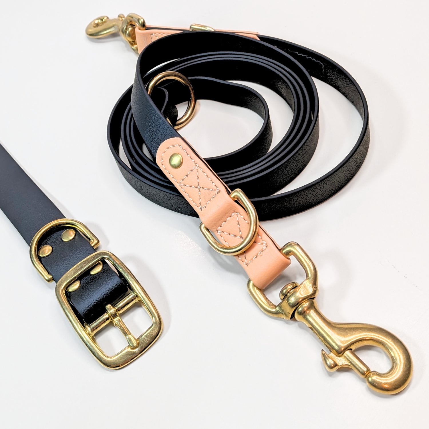 Premium Walk Set | Dog Harness, Leash & Collar - Black with gold hardware and tan leather accents on a white background