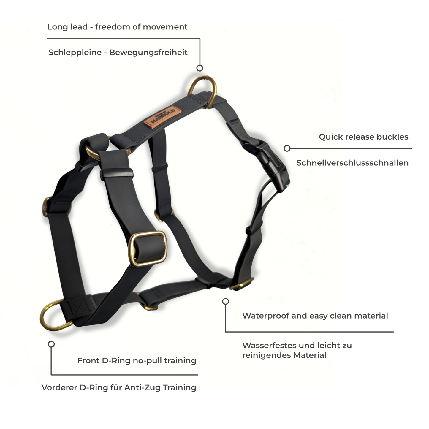 LoomLite No-Pull Waterproof Harness - Black with brass fittings, waterproof durable material, and anti-pull design by House of Harrold