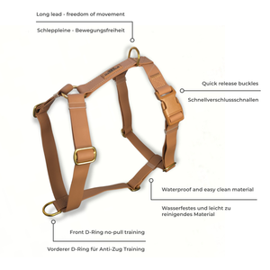 LoomLite No-Pull Waterproof Harness - Brown with brass hardware, waterproof material, quick release buckle, and anti-pull design by House of Harrold